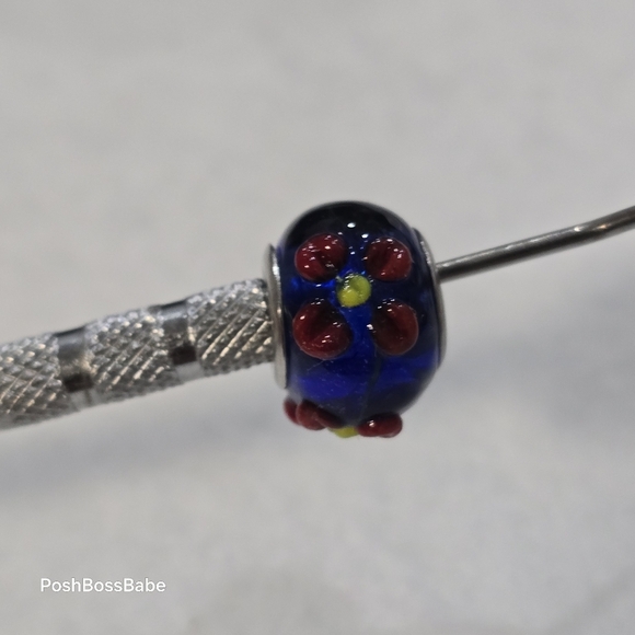 European-Style Blue Glass Bead with Red Floral Design – Fits Pandora Trollbeads - Picture 5 of 6